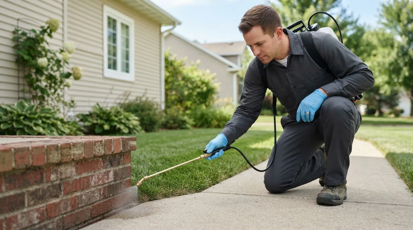 Pest control technician treating a home near Meyersdale, PA